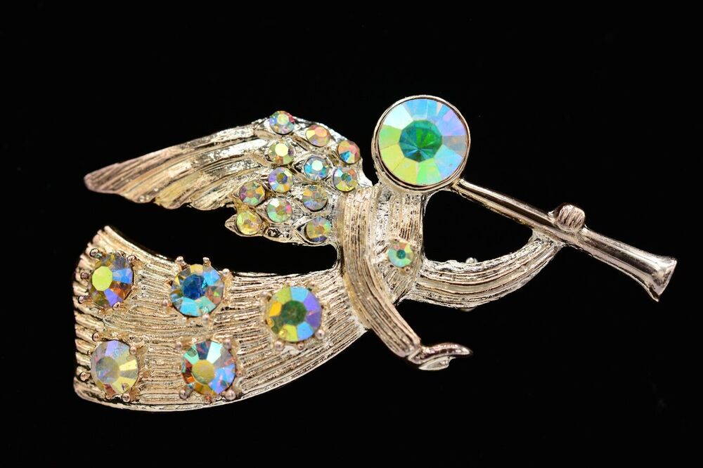 Vintage Crystal Angel Horn Pin Brooch AB Aurora Borealis Rhinestone Silver BinJ